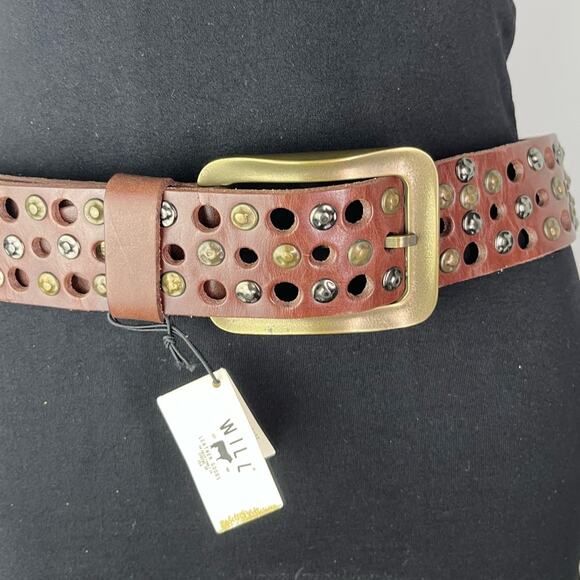 New Will Leather Goods Women's Studded Brown Wide Leather Statement Belt - Picture 3 of 11